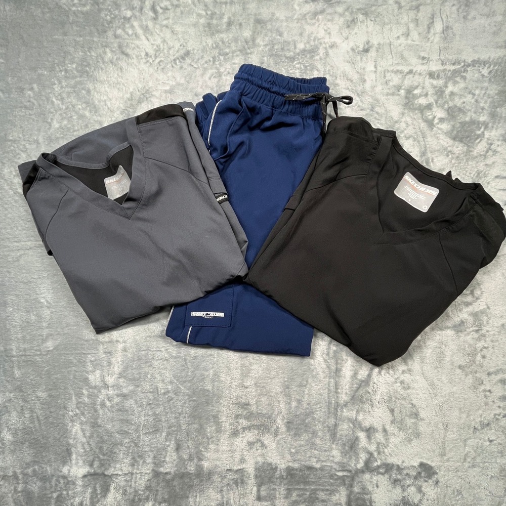 Skechers by Barco Scrub Set Women Gray Black Navy 3 Piece Bundle V-Neck Jogger S
